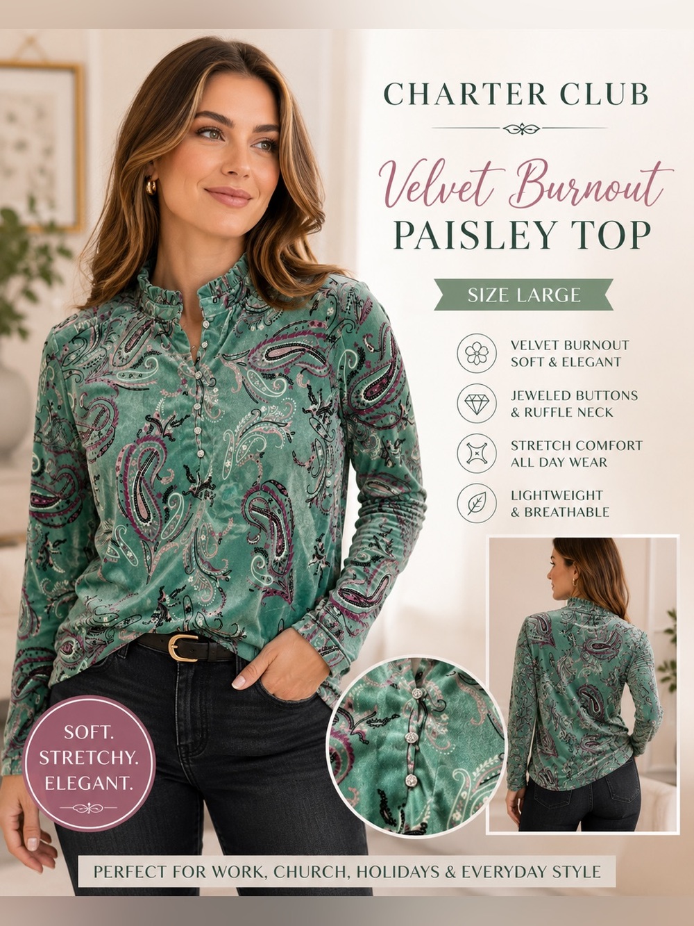 Charter Club Mint Paisley Velvet Burnout Mock Neck Top L